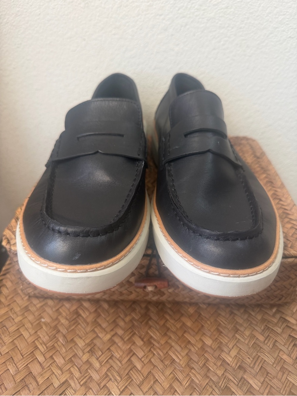 Cole Haan Black Leather Penny Loafers with White Sole and Tan Trim